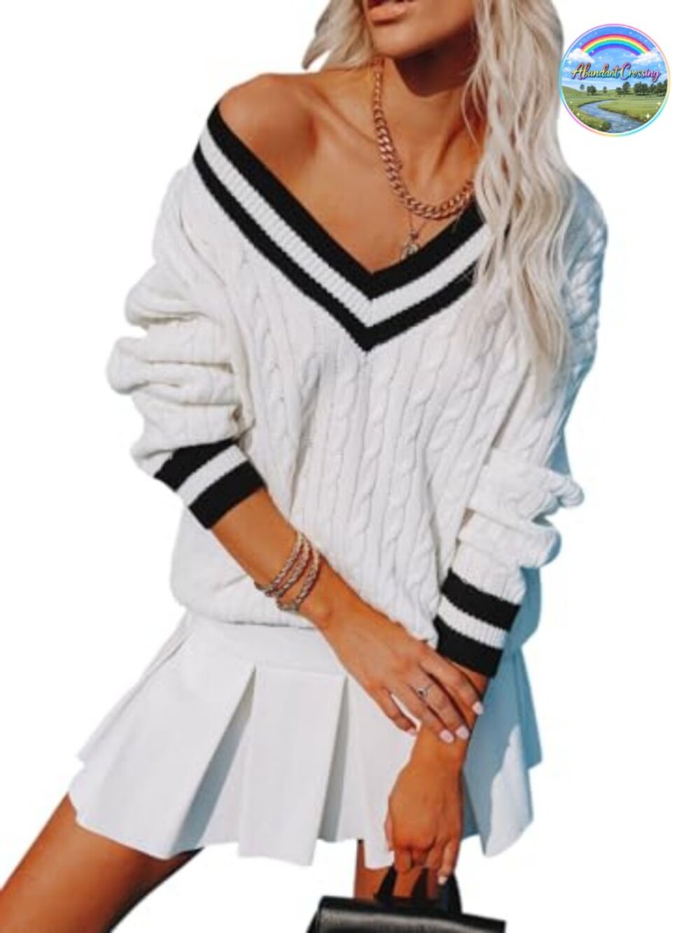 Women's V Neck Oversized Chunky Knit Pullover Sweater Striped Long Sleeve Tunic